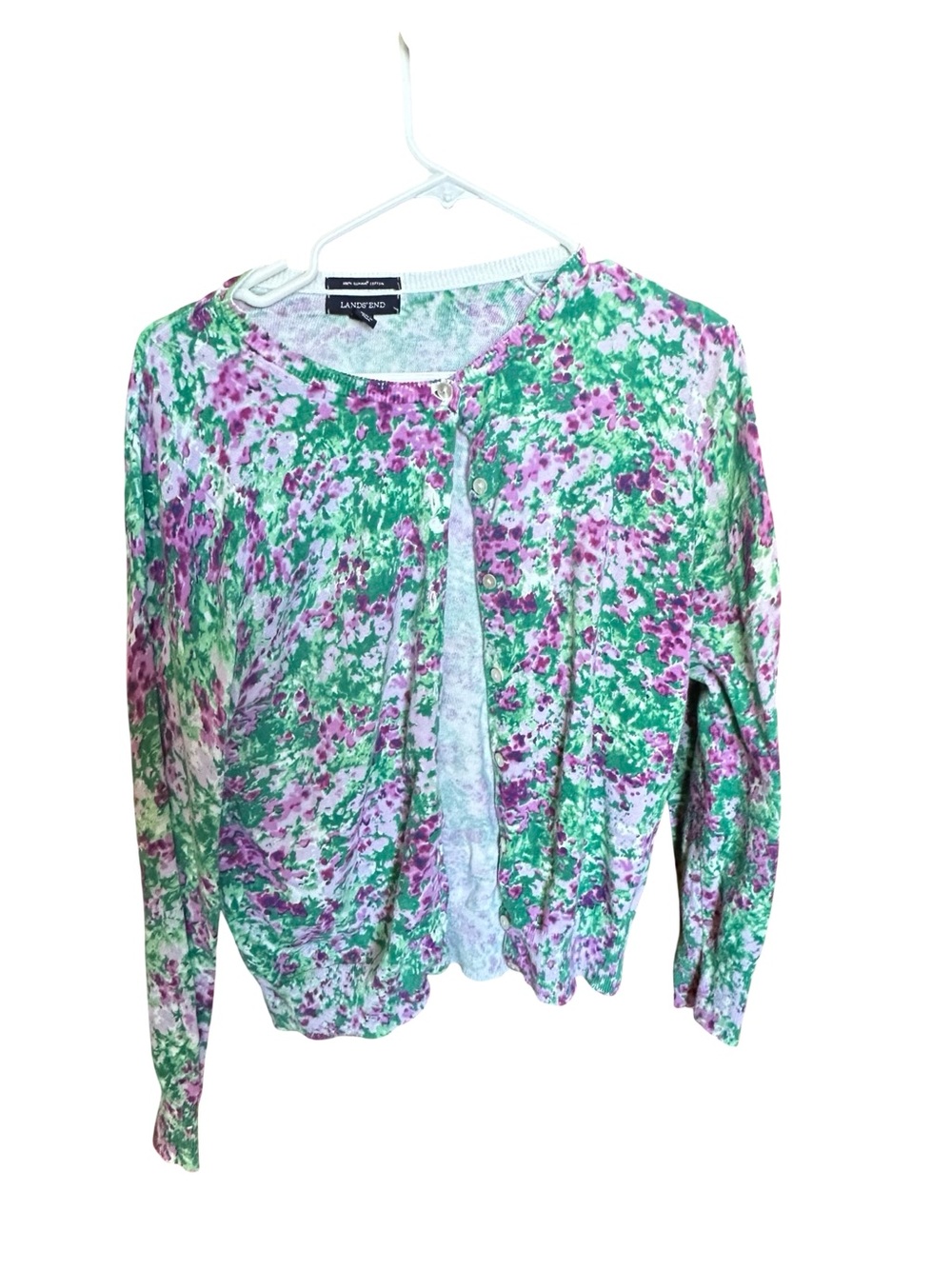 Lands' End Floral Button-Up Cardigan in Green & Purple